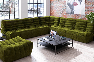 Стильный диван ДеФранс с пуфом, зеленый бескаркасный диван премиального качества, идеальная посадка, современный дизайн